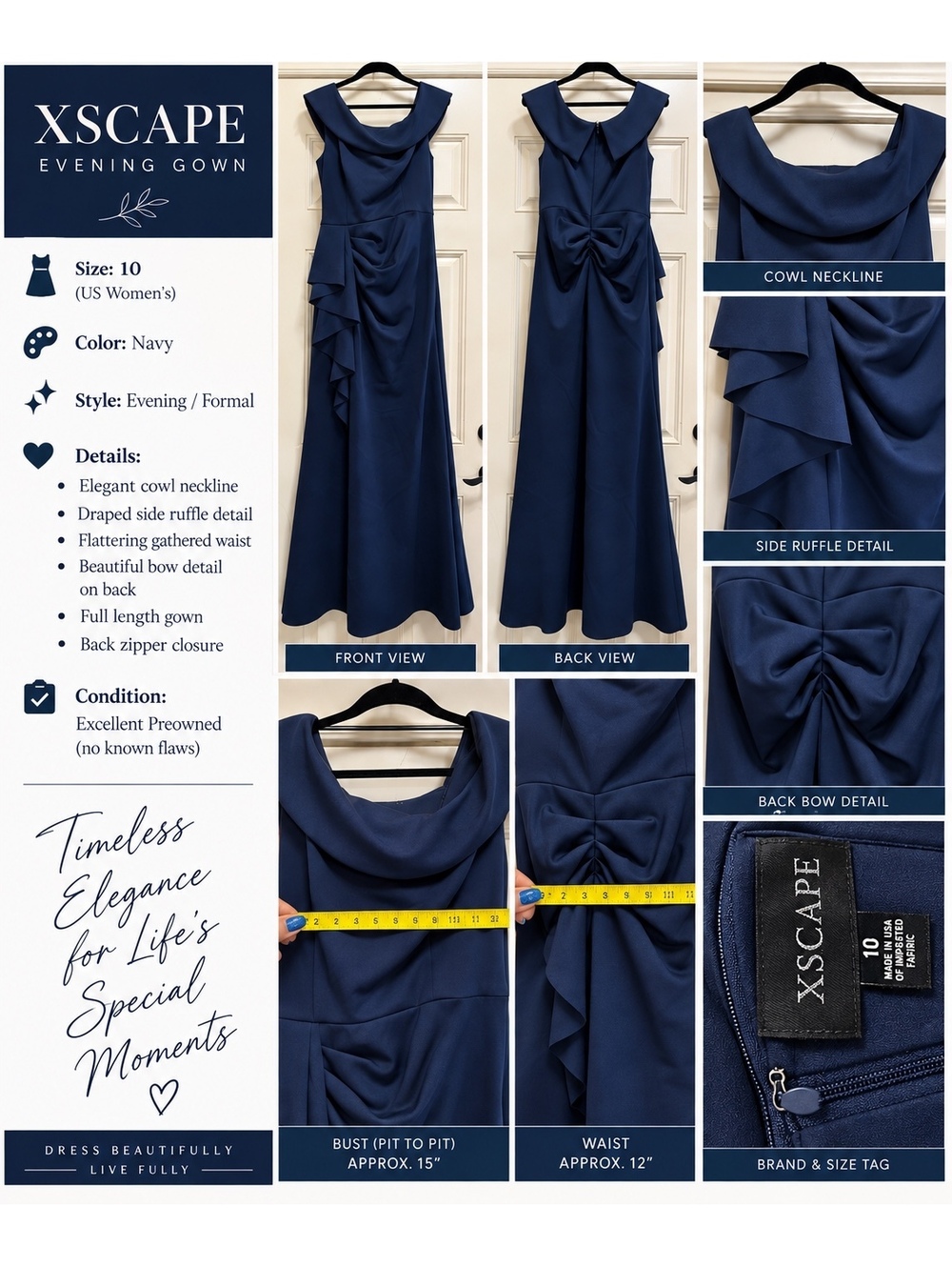 XSCAPE Navy Blue Cowl Neck Ruched Ruffle Formal Evening Gown Dress Size 10